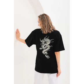 Kadın Kısa Kol Yazlık Tişört Bisiklet Yaka Ejderha Baskılı T-Shirt - Siyah
