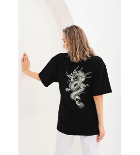 Kadın Kısa Kol Yazlık Tişört Bisiklet Yaka Ejderha Baskılı T-Shirt - Siyah