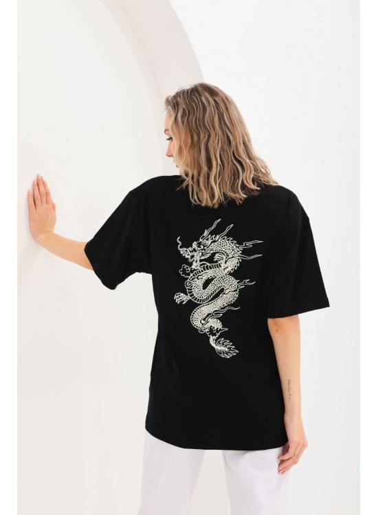 Kadın Kısa Kol Yazlık Tişört Bisiklet Yaka Ejderha Baskılı T-Shirt - Siyah Kadın Kısa Kol Yazlık Tişört Bisiklet Yaka Ejderha Baskılı T-Shirt - Siyah