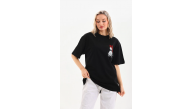 Kadın Kısa Kol Yazlık Tişört Bisiklet Yaka Baskılı Oversize T-Shirt - Siyah Kadın Kısa Kol Yazlık Tişört Bisiklet Yaka Baskılı Oversize T-Shirt - Siyah