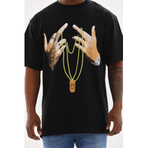 Erkek Baskılı T-Shirt Kısa Kol Bisiklet Yaka Rahat Kalıp Günlük Tişört - Siyah