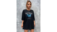 Kadın kelebek Baskılı Oversize kısa kol T-Shirt - Siyah Kadın kelebek Baskılı Oversize kısa kol T-Shirt - Siyah