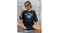 Kadın kelebek Baskılı Oversize kısa kol T-Shirt - Siyah Kadın kelebek Baskılı Oversize kısa kol T-Shirt - Siyah