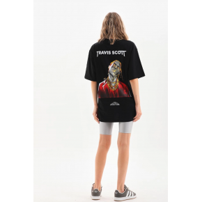 Kadın Baskılı T-Shirt Kısa Kol Bisiklet Yaka Oversize Rahat Kalıp Günlük Tişört - Siyah