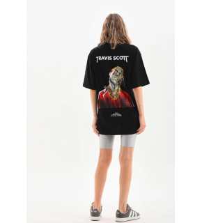 Kadın Baskılı T-Shirt Kısa Kol Bisiklet Yaka Oversize Rahat Kalıp Günlük Tişört - Siyah