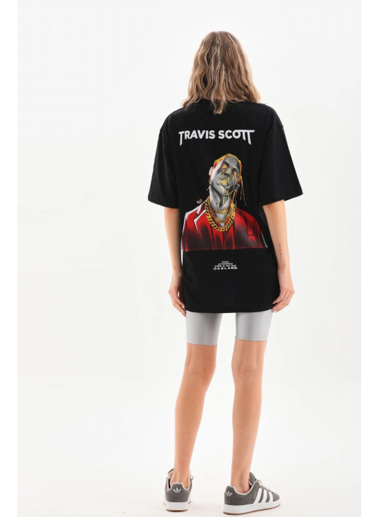 Kadın Baskılı T-Shirt Kısa Kol Bisiklet Yaka Oversize Rahat Kalıp Günlük Tişört - Siyah Kadın Baskılı T-Shirt Kısa Kol Bisiklet Yaka Oversize Rahat Kalıp Günlük Tişört - Siyah