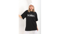Kadın Kısa Kol Yazlık Tişört Bisiklet Yaka Baskılı Oversize T-Shirt - Siyah Kadın Kısa Kol Yazlık Tişört Bisiklet Yaka Baskılı Oversize T-Shirt - Siyah