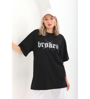 Kadın Kısa Kol Yazlık Tişört Bisiklet Yaka Baskılı Oversize T-Shirt - Siyah