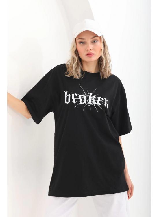Kadın Kısa Kol Yazlık Tişört Bisiklet Yaka Baskılı Oversize T-Shirt - Siyah Kadın Kısa Kol Yazlık Tişört Bisiklet Yaka Baskılı Oversize T-Shirt - Siyah