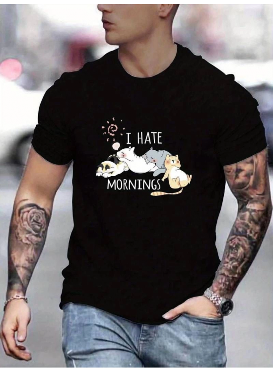 Erkek Baskılı T-Shirt Kısa Kol Bisiklet Yaka Regular Fit Rahat Kalıp Günlük Tişört - Siyah