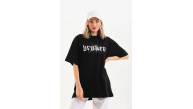 Kadın Kısa Kol Yazlık Tişört Bisiklet Yaka Baskılı Oversize T-Shirt - Siyah Kadın Kısa Kol Yazlık Tişört Bisiklet Yaka Baskılı Oversize T-Shirt - Siyah