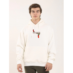 Erkek 3 İplik Pamuklu Kapüşonlu Baskılı Cepli Oversize Sweatshirt Hoodie - Beyaz