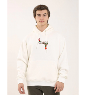 Erkek 3 İplik Pamuklu Kapüşonlu Baskılı Cepli Oversize Sweatshirt Hoodie - Beyaz
