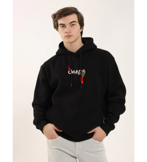 Erkek 3 İplik Pamuklu Kapüşonlu Baskılı Cepli Oversize Sweatshirt Hoodie - Siyah