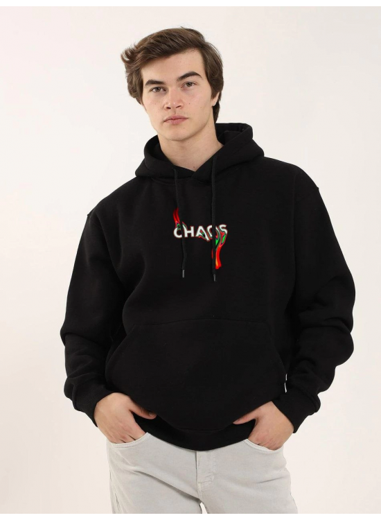 Erkek 3 İplik Pamuklu Kapüşonlu Baskılı Cepli Oversize Sweatshirt Hoodie - Siyah Erkek 3 İplik Pamuklu Kapüşonlu Baskılı Cepli Oversize Sweatshirt Hoodie - Siyah