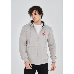 Erkek 3 İplik Pamuklu Kapüşonlu Tam Fermuarlı Cepli Hoodie Sweatshirt - Boyalı Gri