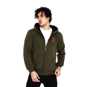 Erkek 3 İplik Pamuklu Kapüşonlu Tam Fermuarlı Cepli Hoodie Sweatshirt - Haki