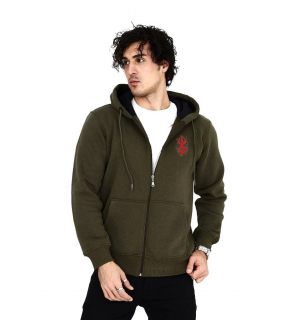 Erkek 3 İplik Pamuklu Kapüşonlu Tam Fermuarlı Cepli Hoodie Sweatshirt - Haki