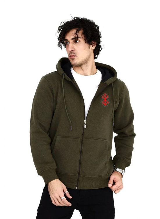Erkek 3 İplik Pamuklu Kapüşonlu Tam Fermuarlı Cepli Hoodie Sweatshirt - Haki Erkek 3 İplik Pamuklu Kapüşonlu Tam Fermuarlı Cepli Hoodie Sweatshirt - Haki