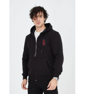 Erkek 3 İplik Pamuklu Kapüşonlu Tam Fermuarlı Cepli Hoodie Sweatshirt - Siyah