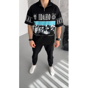 Erkek  Baskılı Yarım Fermuarlı  Kısa kol T-Shirt - Siyah
