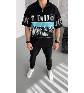 Erkek  Baskılı Yarım Fermuarlı  Kısa kol T-Shirt - Siyah