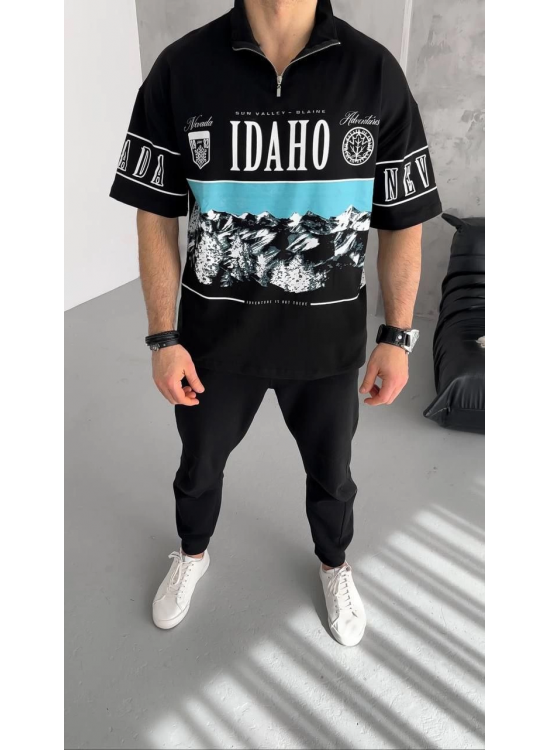 Erkek  Baskılı Yarım Fermuarlı  Kısa kol T-Shirt - Siyah