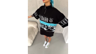 Kadın Baskılı Yarım Fermuarlı Kısa kol T-Shirt - Siyah Kadın Baskılı Yarım Fermuarlı Kısa kol T-Shirt - Siyah
