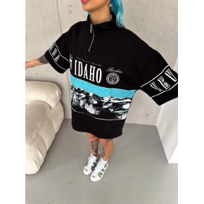 Kadın Baskılı Yarım Fermuarlı Kısa kol T-Shirt - Siyah