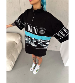 Kadın Baskılı Yarım Fermuarlı Kısa kol T-Shirt - Siyah