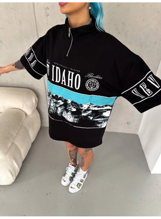 Kadın Baskılı Yarım Fermuarlı Kısa kol T-Shirt - Siyah Kadın Baskılı Yarım Fermuarlı Kısa kol T-Shirt - Siyah