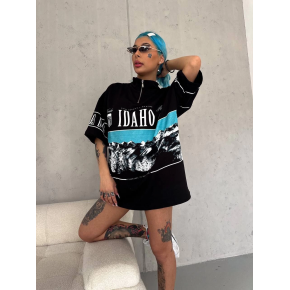 Kadın Baskılı Yarım Fermuarlı Kısa kol T-Shirt - Siyah