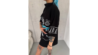 Kadın Baskılı Yarım Fermuarlı Kısa kol T-Shirt - Siyah Kadın Baskılı Yarım Fermuarlı Kısa kol T-Shirt - Siyah