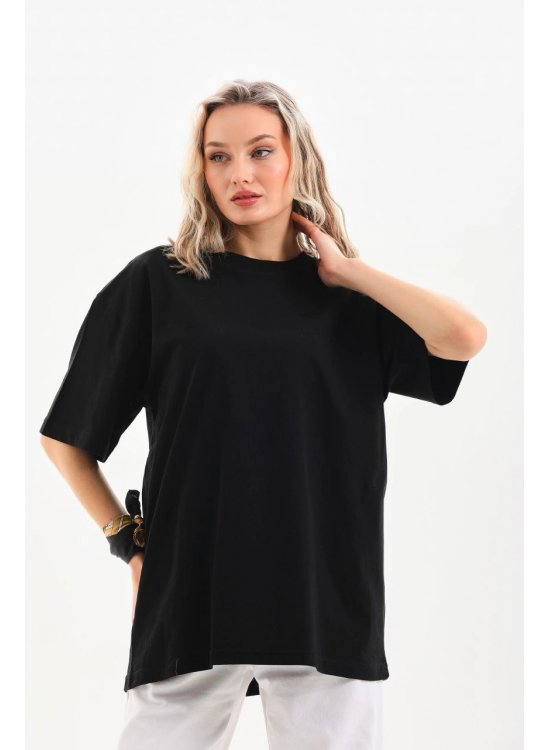 Kadın Düz Kısa kol Penye T-shirt - Siyah Kadın Düz Kısa kol Penye T-shirt - Siyah