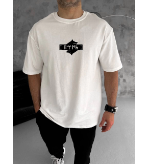 Erkek Kısa Kol Yazlık Tişört Bisiklet Yaka Baskılı Oversize T-Shirt - Beyaz