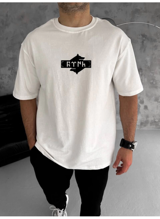 Erkek Kısa Kol Yazlık Tişört Bisiklet Yaka Baskılı Oversize T-Shirt - Beyaz