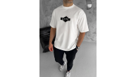 Erkek Kısa Kol Yazlık Tişört Bisiklet Yaka Baskılı Oversize T-Shirt - Beyaz