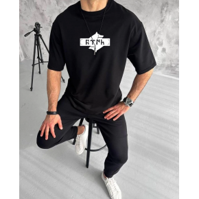 Erkek Kısa Kol Yazlık Tişört Bisiklet Yaka Baskılı Oversize T-Shirt - Siyah