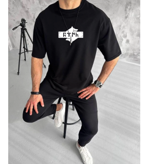 Erkek Kısa Kol Yazlık Tişört Bisiklet Yaka Baskılı Oversize T-Shirt - Siyah