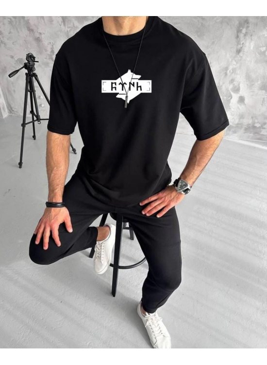 Erkek Kısa Kol Yazlık Tişört Bisiklet Yaka Baskılı Oversize T-Shirt - Siyah