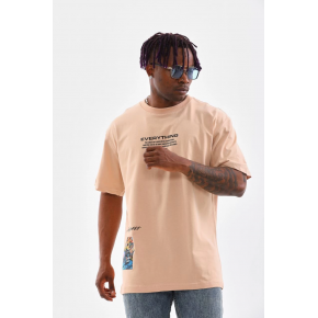 Erkek  Bisiklet Yaka Baskılı Oversize T-Shirt - Bej
