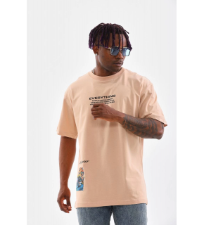 Erkek  Bisiklet Yaka Baskılı Oversize T-Shirt - Bej
