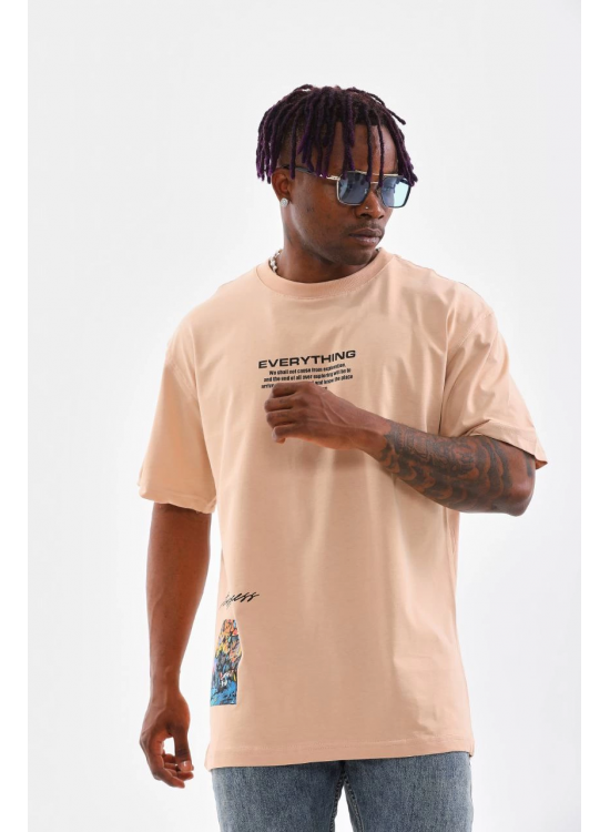 Erkek  Bisiklet Yaka Baskılı Oversize T-Shirt - Bej