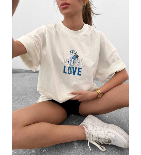 kadın Bisiklet Yaka Baskılı oversize  Kısa kol T-Shirt - Beyaz