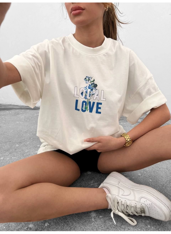 kadın Bisiklet Yaka Baskılı oversize Kısa kol T-Shirt - Beyaz kadın Bisiklet Yaka Baskılı oversize Kısa kol T-Shirt - Beyaz