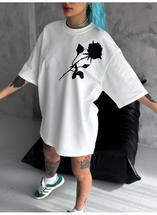 kadın Bisiklet Yaka Baskılı Oversize Kısa kol T-Shirt - Beyaz kadın Bisiklet Yaka Baskılı Oversize Kısa kol T-Shirt - Beyaz