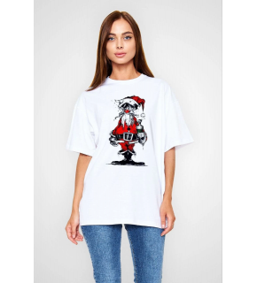 kadın Bisiklet Yaka Baskılı  Kısa kol Oversize T-Shirt - Beyaz