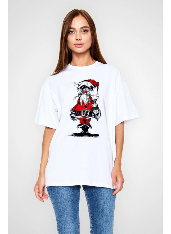 kadın Bisiklet Yaka Baskılı Kısa kol Oversize T-Shirt - Beyaz kadın Bisiklet Yaka Baskılı Kısa kol Oversize T-Shirt - Beyaz