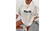 Kadın Bisiklet Yaka Baskılı Oversize Kısa kol T-Shirt - Beyaz Kadın Bisiklet Yaka Baskılı Oversize Kısa kol T-Shirt - Beyaz