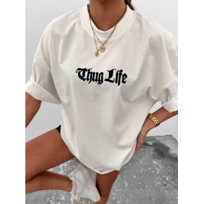 Kadın Bisiklet Yaka Baskılı Oversize  Kısa kol T-Shirt - Beyaz
